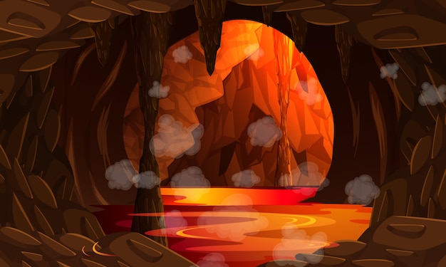 Infernal dark cave with lava scene