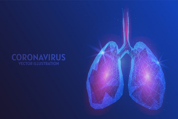 Inflamed human lungs. Infection of COVID-19 Chinese Coronavirus Viral Infection. Concept of pandemic and epidemic of atypical pneumonia. Low poly wireframe   illustration.