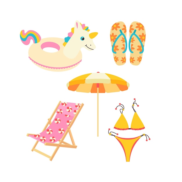 Inflatable circle in the shape of a unicorn slippers flipflops the swimsuit is separate beach chair sunbed umbrella