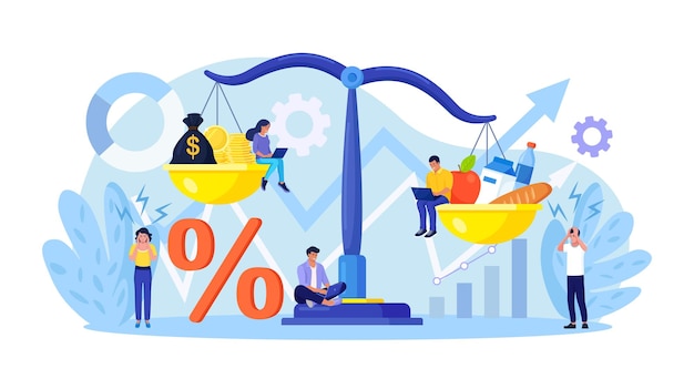 Inflation in economy Scales with food and gold coins Goods and services costs more value Rising food prices Loss of purchasing power increase in consumer prices fall of currency value