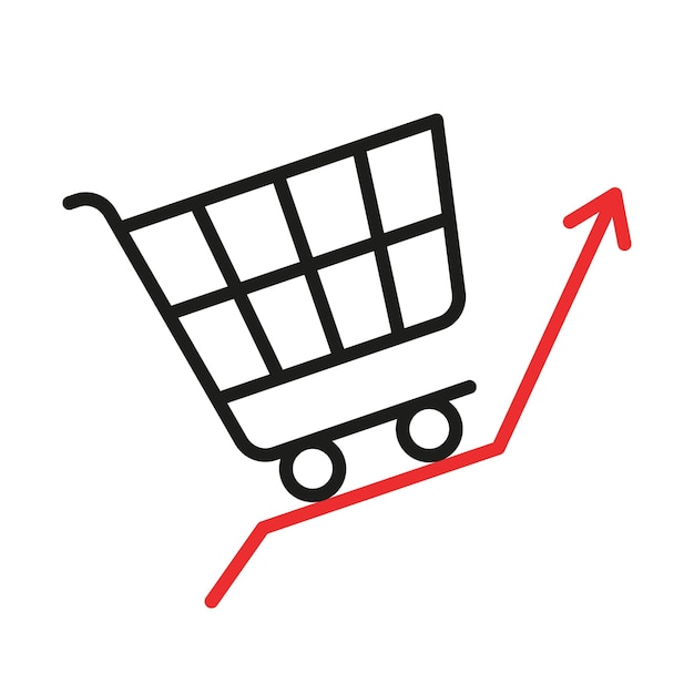 Inflation high price and growth of food sales line icon. Shopping cart with foods on arrow up