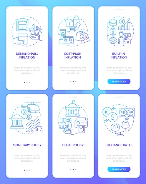 Inflation types and causes blue gradient onboarding mobile app screen set