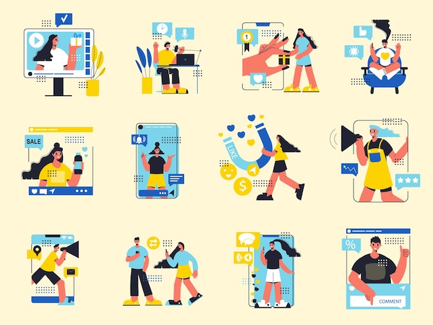 Influencer marketing color set of people representing new product by smartphone through personal social channels isolated flat vector illustration