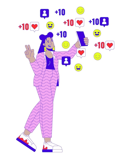 Influencer selfie girl surrounded by followers likes 2D linear illustration concept