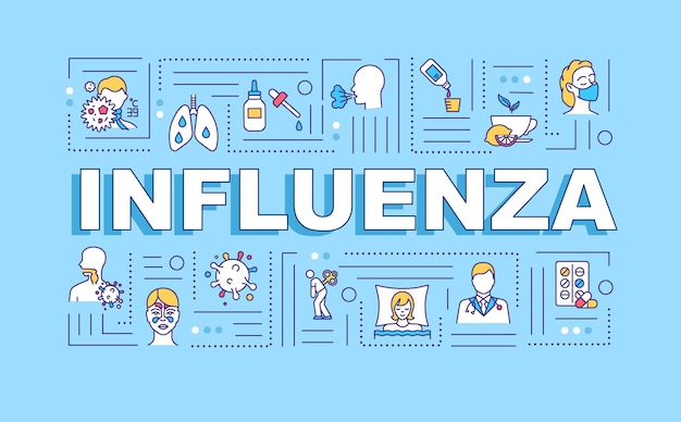 Influenza word concepts banner. Lung pain. Chest pain. Prescripted medicine. Infographics with linear icons on blue background. Isolated typography. Vector outline RGB color illustration