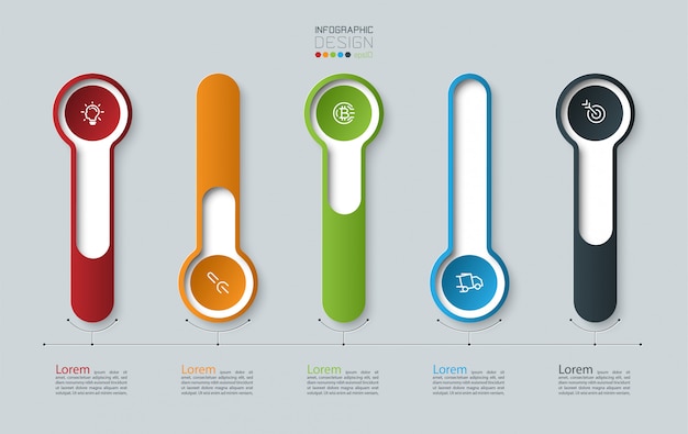 Infographic 3d long circle label, infographic with number 5 options processes.