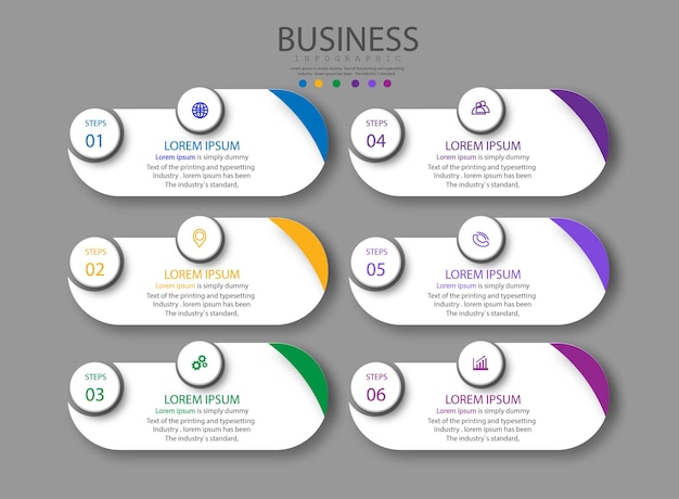 Infographic 6 elements step. box graph chart diagram, business graph design.