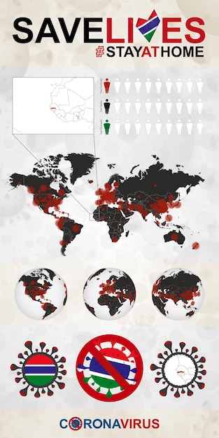 Infographic about Coronavirus in Gambia Stay at Home Save Lives Gambia Flag and Map World Map with COVID19 cases