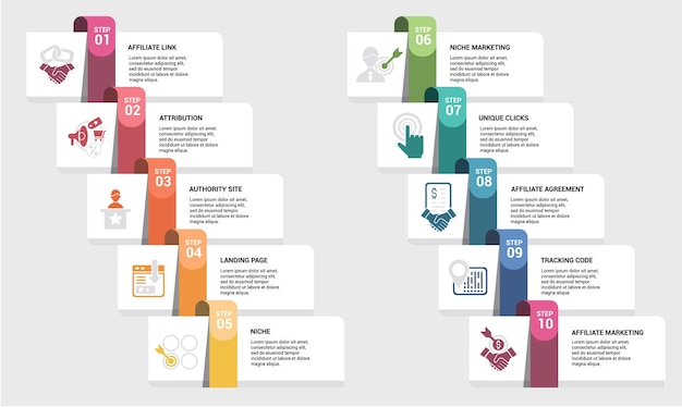 Infographic Affiliate Marketing template Icons in different colors Include Affiliate Link Attribution Authority Site Landing Page and others