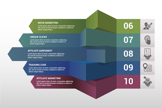 Infographic affiliate marketing template icons in different colors include affiliate link