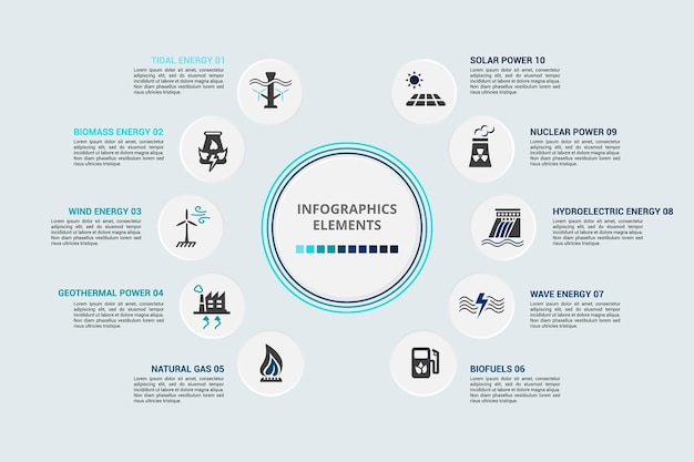 Vector infographic alternative energy template icons in different colors include tidal energy biomass energy wind energy geothermal power and others