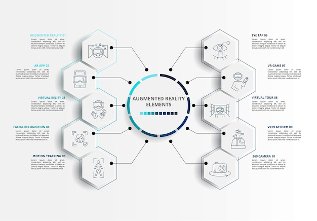 Infographic Augmented Reality template Icons in different colors Include Augmented Reality Ar App Virtual Reality Facial Recognition and others