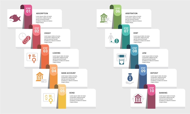 Infographic Banking template Icons in different colors Include Absorption Credit Leasing Bank Account and others