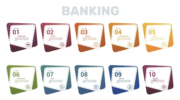 Infographic Banking template Icons in different colors Include Absorption Credit Leasing Bank Account and others