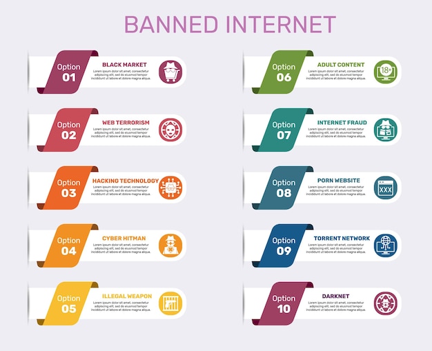 Infographic Banned Internet template Icons in different colors Include Black Market Web Terrorism Hacking Technology Cyber Hitman and others