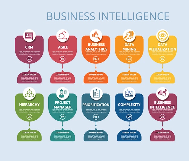 Infographic Business Intelligence template Icons in different colors Include Crm Agile Business Analytics Data Mining and others