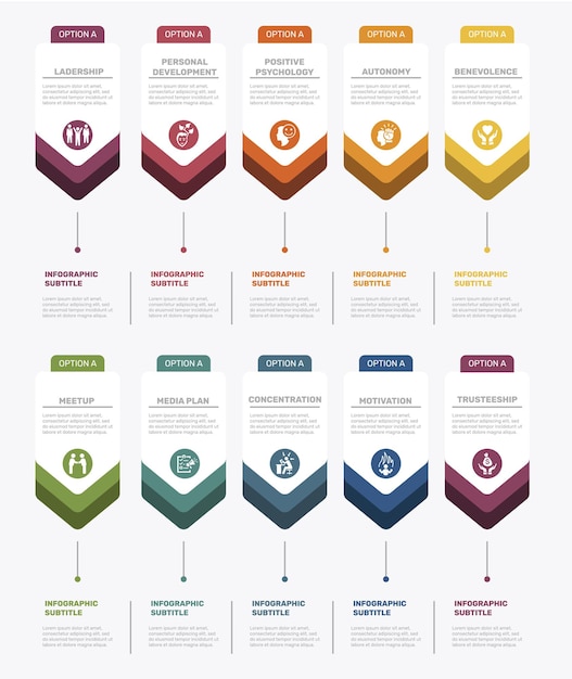 Infographic business management template icons in different colors include leadership personal