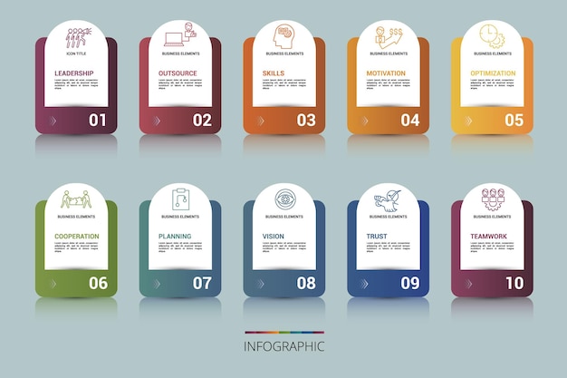 Infographic business management template icons in different colors include leadership personal