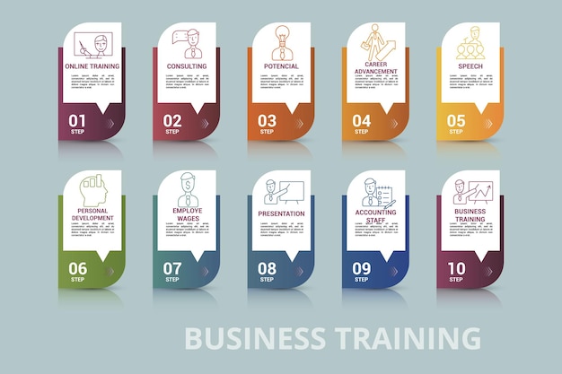 Infographic Business Training template Icons in different colors Include Online Training Consulting Potencial Career Advancement and others