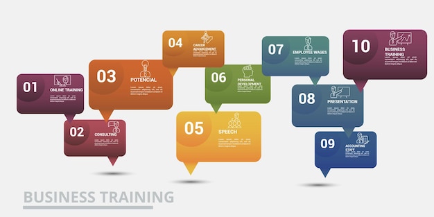 Infographic Business Training template Icons in different colors Include Online Training Consulting Potencial Career Advancement and others