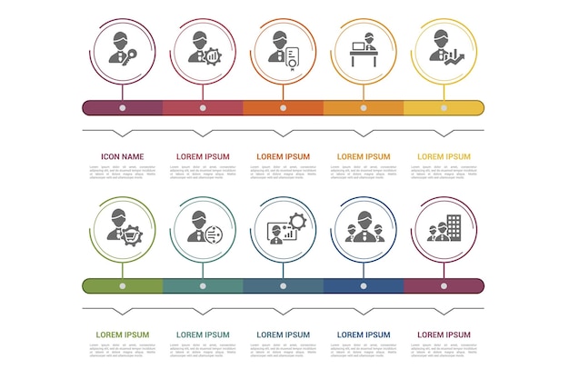 Infographic Company Management template Icons in different colors Include Key Operation Management Quality Office Management and others