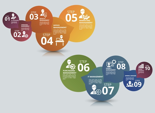 Infographic Company Management template Icons in different colors Include Key Operation Quality Management Office Management and others