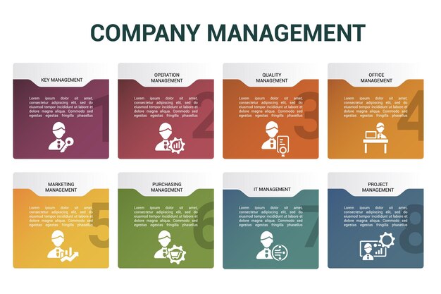 Infographic company management template icons in different