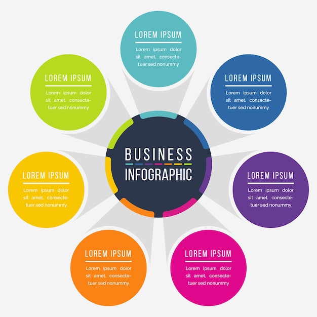 Infographic design circle 7 steps or options business information colored template