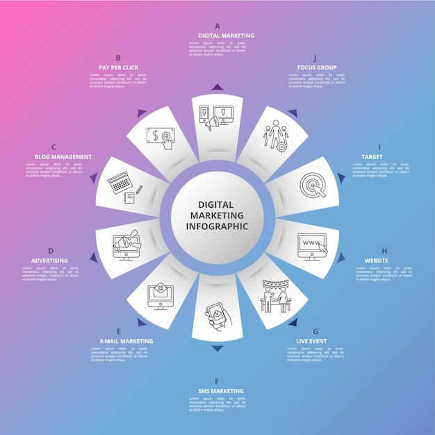 Infographic digital marketing template icons in different