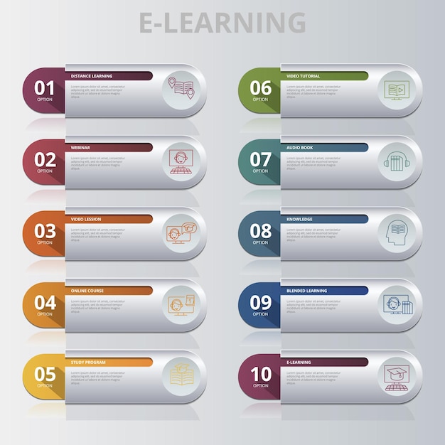 Infographic elearning template icons in different colors include distance learning elearning blended