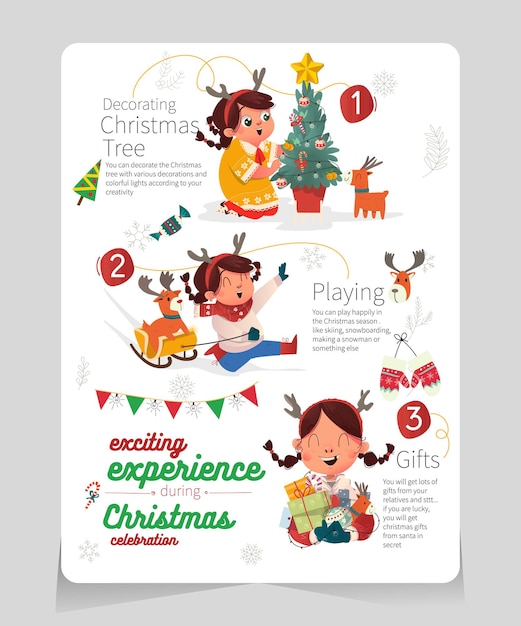 Infographic exciting experience during cristmas celebration with cute girl illustration