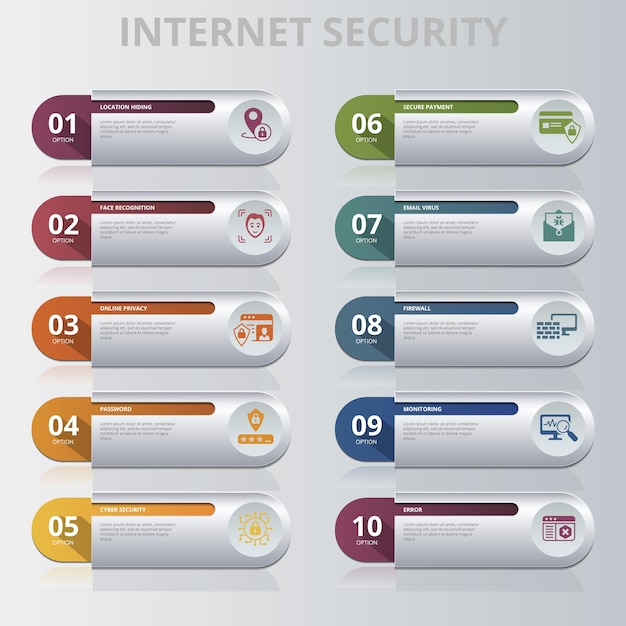 Infographic internet security template icons in different colors include cyber security password