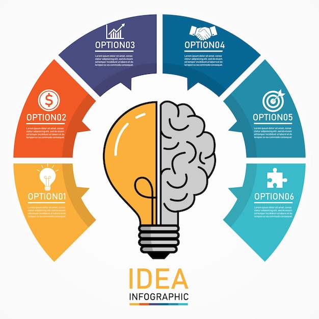 Infographic light bulb template design on white background business and finance concept6 elements symbol can be used for workflow layout diagram half idea brain sign creative thinking to success