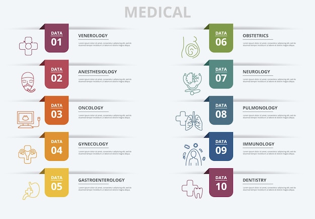 Infographic medical template icons in different colors include venerology anesthesiology oncology