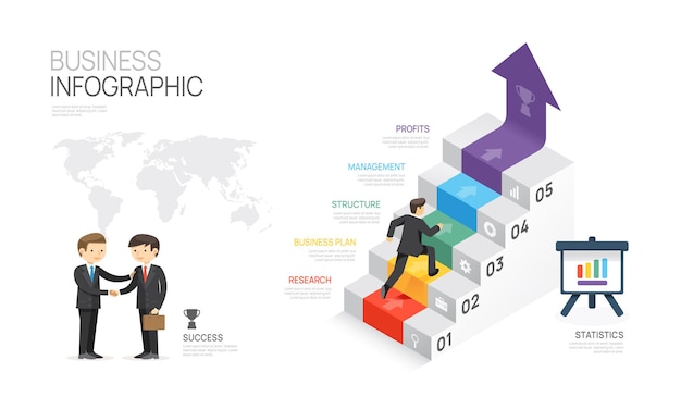 Infographic Modern Stair template for business 5 steps Timeline element diagram arrow and topics presentation vector infographic