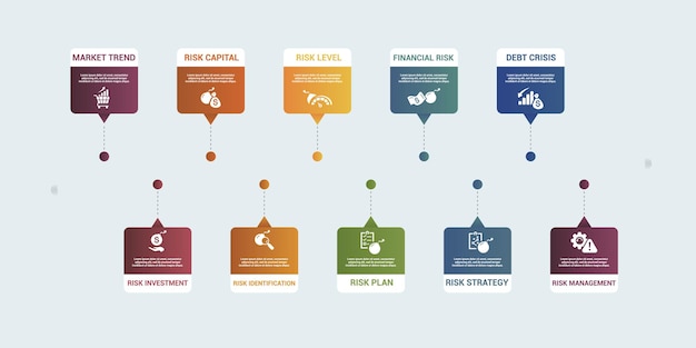 Infographic Risk Management template Icons in different colors Include Market Trend Investment Capital Risk Identification and others