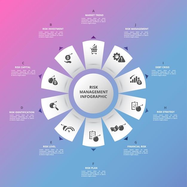 Infographic Risk Management template Icons in different colors Include Market Trend Investment Risk Capital Identification and others