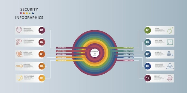 Infographic security template icons in different colors include security access key bank safe bomb