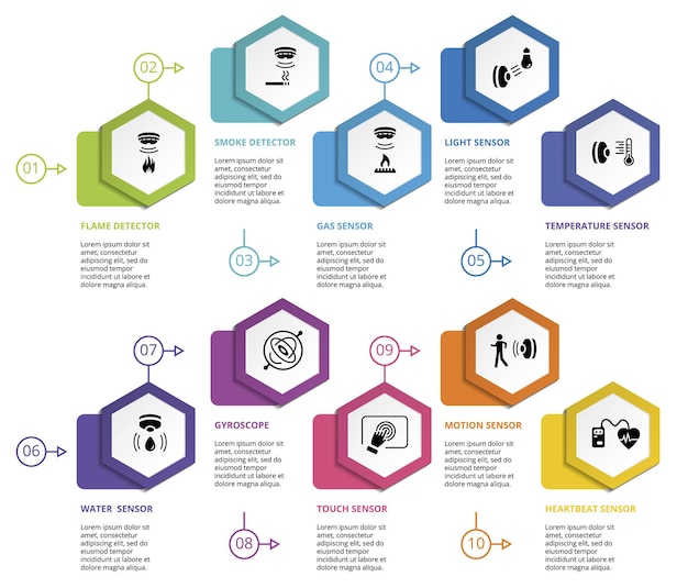 Infographic sensor template icons in different colors