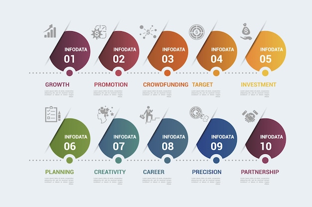 Infographic Startup template Icons in different colors Include Partnership Precision Career Creativity and others