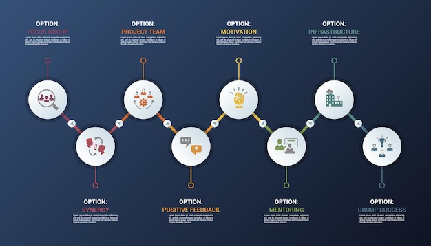 Infographic team building template icons in different colors