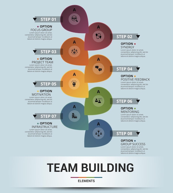 Infographic team building template icons in different colors