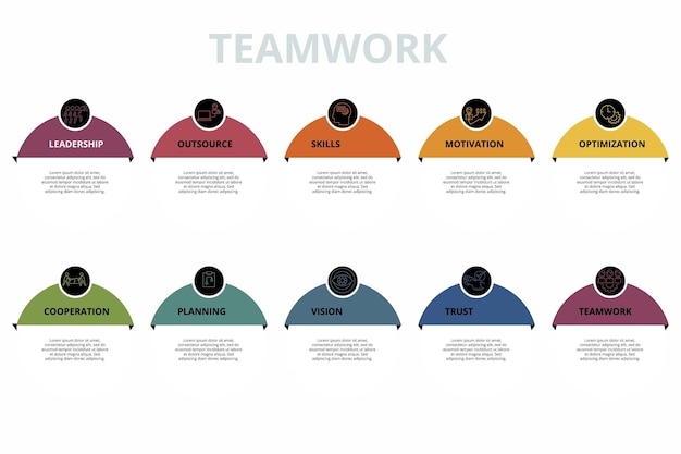 Infographic Teamwork template Icons in different colors Include Teamwork Trust Vision Planning and others