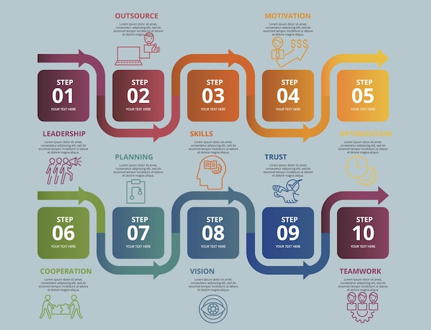 Infographic Teamwork template Icons in different colors Include Teamwork Trust Vision Planning and others