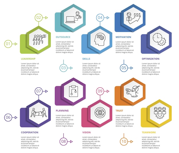 Infographic teamwork template icons in different colors