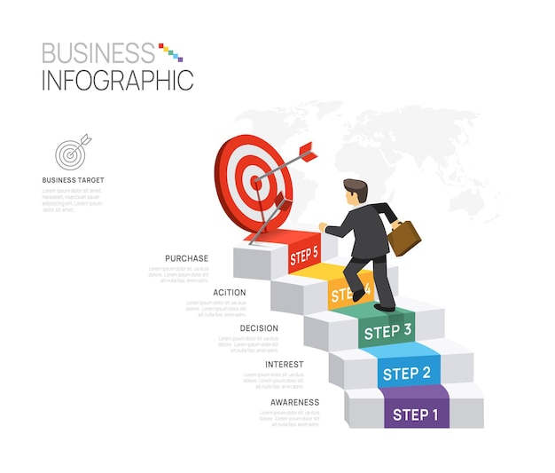 Infographic template for business 5 Steps Target diagram businessman with staircase presentation vector infographic