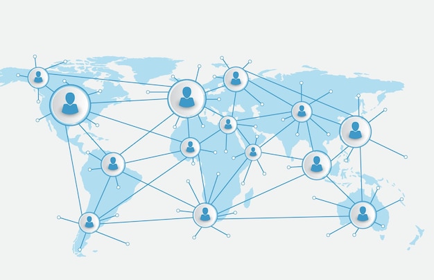 Infographic template of connecting people social logo badge with connection line and world map