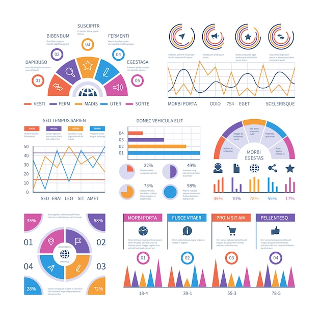 Infographic template. Dashboard, bar finance graphs, pie chart and line diagrams. Analytical vector infographics