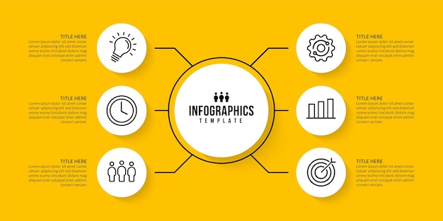 Infographic template design with 6 options on yellow background Business data visualization concept