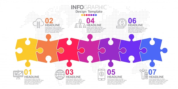 Infographic template design with 7 color options.